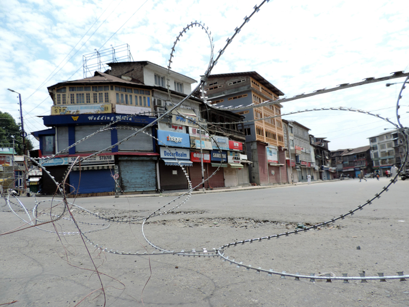 A view of the closed Hari Singh street in Srinagar amid Covid lockdown