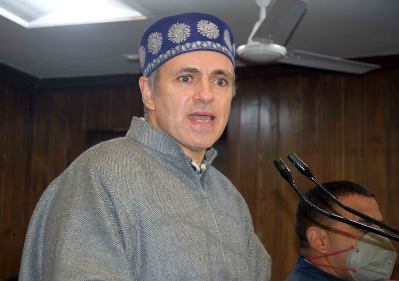 Omar Abdullah addresses party workers at headquarters in Srinagar