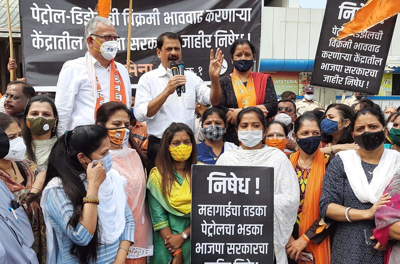 Shiv Sena workers holds protest against fuel prices hike in Mumbai on Thursday