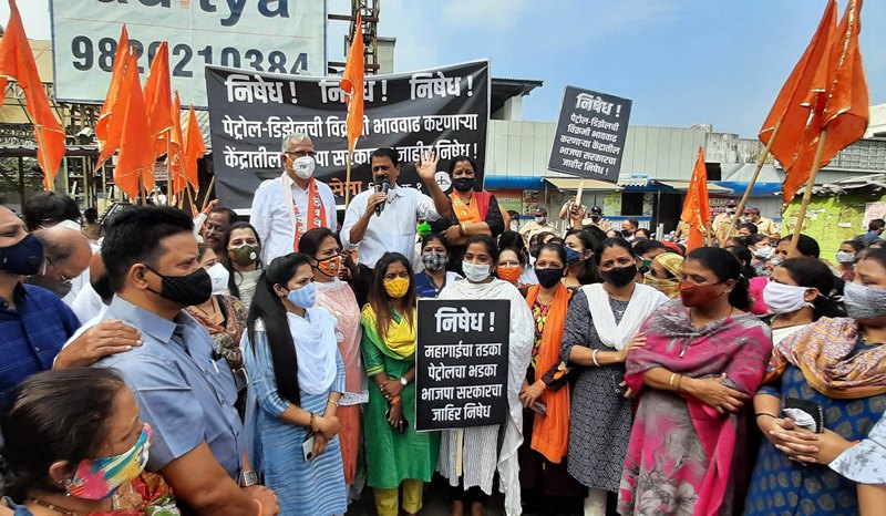 Shiv Sena workers holds protest against fuel prices hike in Mumbai on Thursday