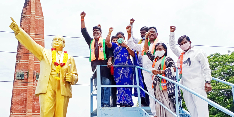 BJP SC Morcha activists garland statue of Dr B R Ambedkar