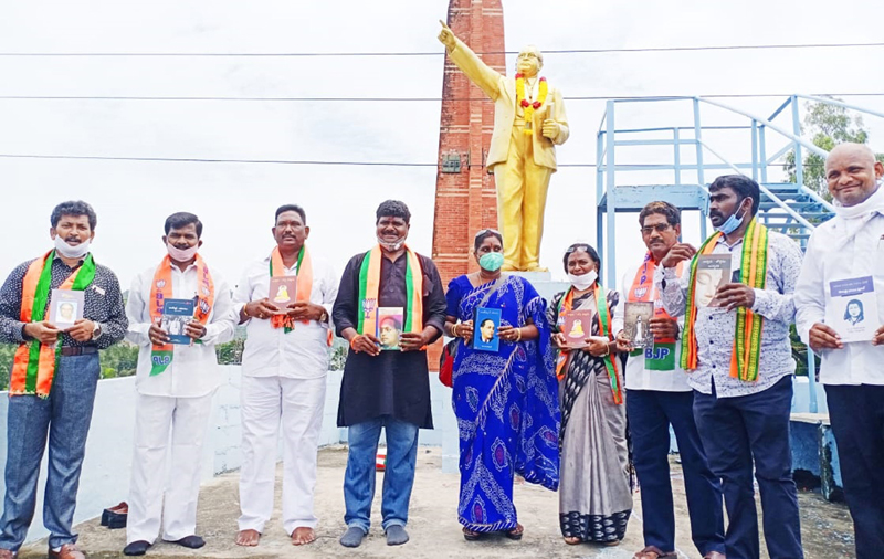 BJP SC Morcha activists garland statue of Dr B R Ambedkar