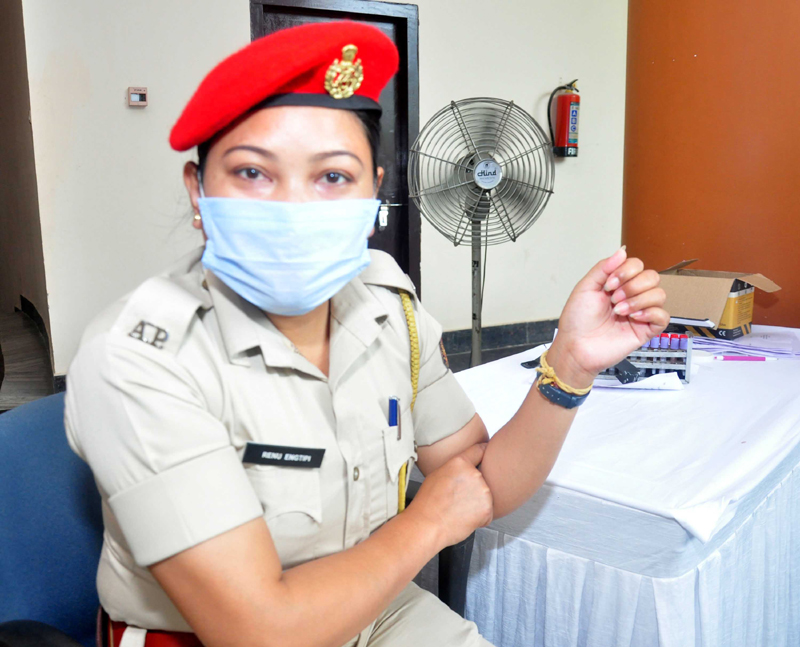 A women Assam Police personnel donating plasma