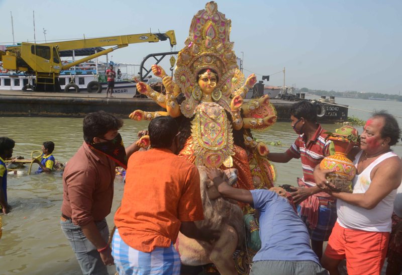 Glimpses of immersion of Goddess Durga's idols at Kolkata's Babughat