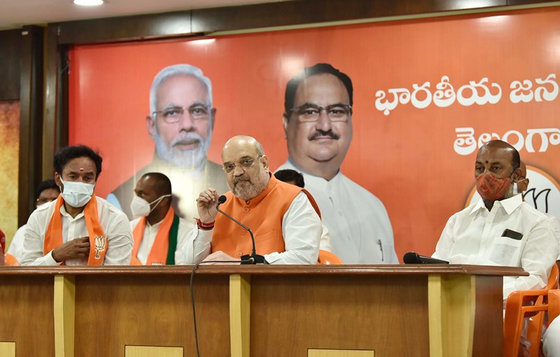 Amit Shah addresses press conference in Hyderabad