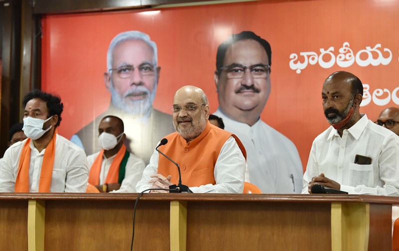 Amit Shah addresses press conference in Hyderabad