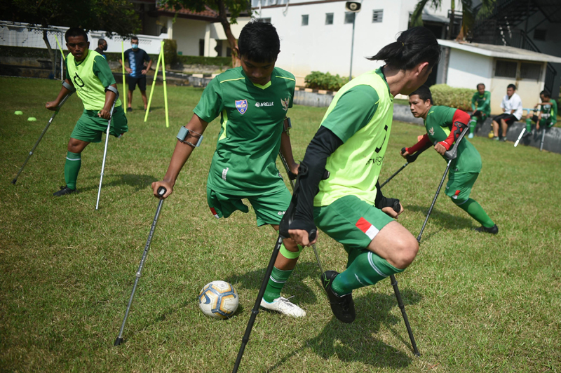 Players of Indonesia Amputee Football (INAF) attend training session in Jakarta