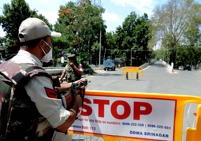 Security personnel patrolling near the Sher-e-Kashmir Cricket Stadium