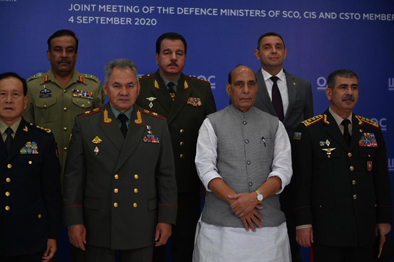 Rajnath Singh poses for photograph with heads of Defence Ministers of SCO, CIS and CSTO members in Moscow