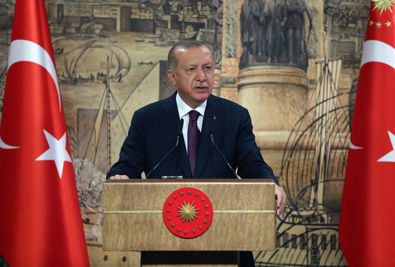 Turkish President Recep Tayyip Erdogan delivers a televised speech in Istanbul