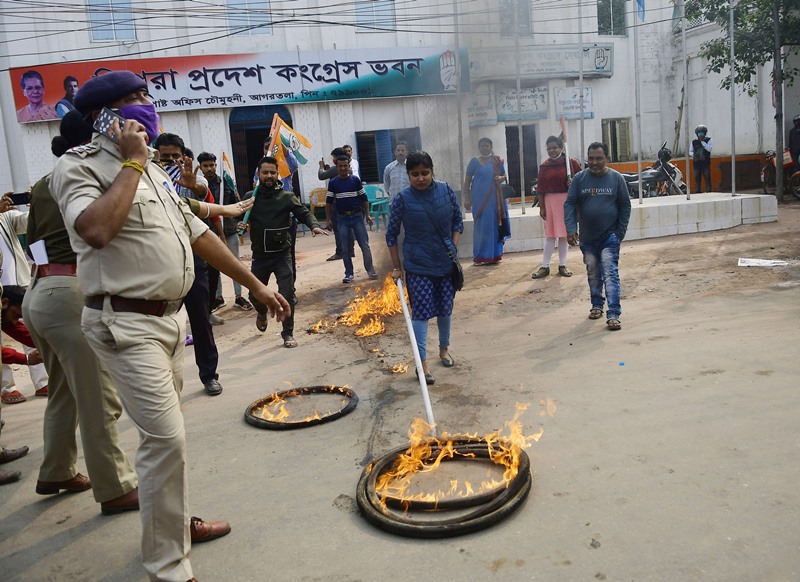 Police trying to douse fire in Agartala