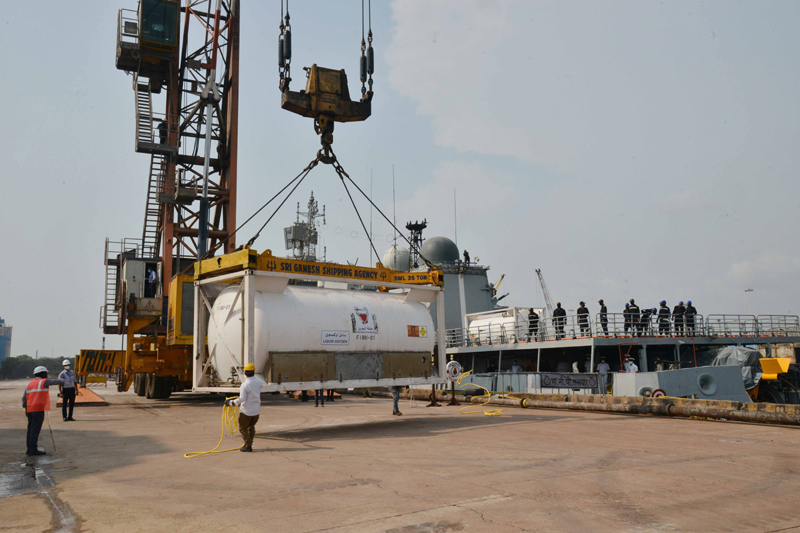 INS Talwar with 40 metric ton liquid medical oxygen arrives from Manana Bahrain at Mangaluru Port