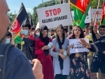 Demonstrators protest against Pakistan over Afghanistan crisis in Berlin on Sunday.