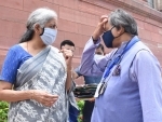 Nirmala Sitaraman and Shashi Tharoor interacts during Monsoon Session