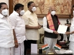 M K Stalin handing over the Legislature party resolution to Guv