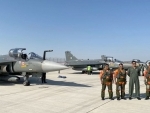 Three FOC LCA Tejas from 18th Sqn of IAF lands in Dubai