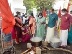 Kerala municipal and corporation staff staging protest against price hike of cooking gas in Thiruvanathapuram
