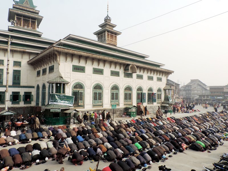 Devotees praying at Dastgeer Sahab shrine in J&K's Srinagar