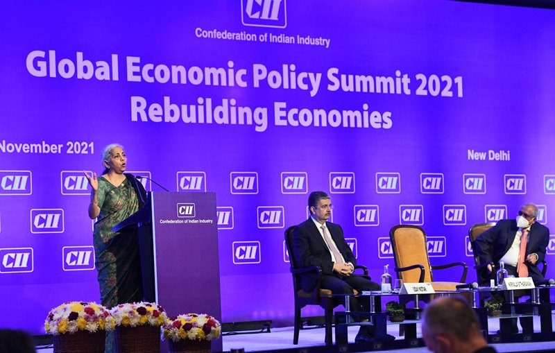 Nirmala Sitharaman addressing the CII Global Economic policy summit in Delhi