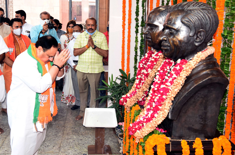 JP Nadda pays floral tributes to Shyama Prasad Mookherjee on his death anniversary in Delhi
