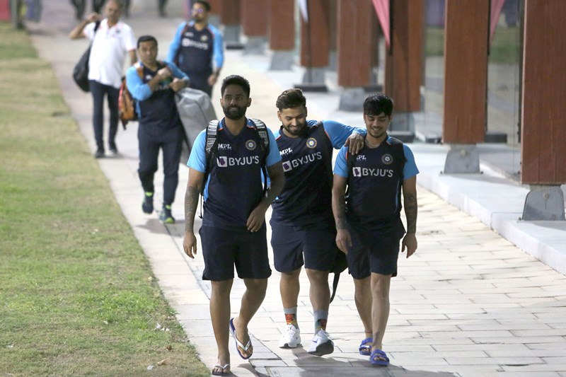 Ravi Shastri with Rohit Sharma during practice session in Dubai