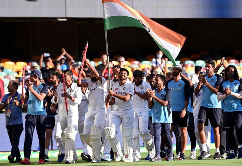 Indian players celebrate Brisbane victory
