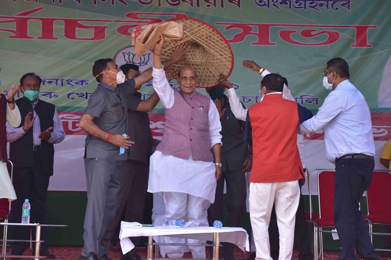 Rajnath Singh addressing an election campaign rally ahead of the Assam assembly polls
