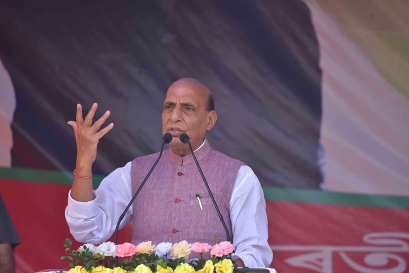 Rajnath Singh addressing an election campaign rally ahead of the Assam assembly polls