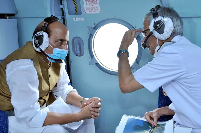 Defence Minister Rajnath Singh during aerial survey of ‘Project Seabird’ in Karnataka