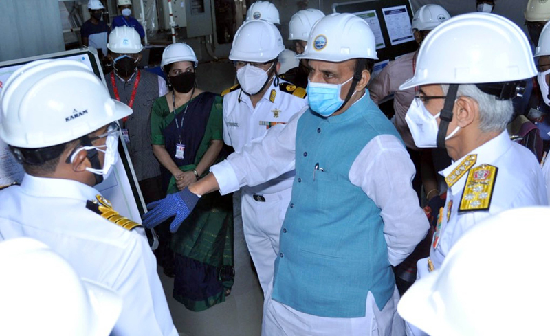 Defence Minister Rajnath Singh inspecting progress of construction of Indigenous Aircraft Carrier (IAC)