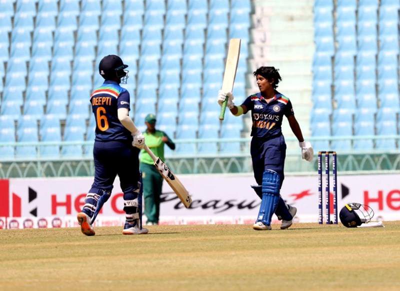 Paunam Raut celeberates her hundred against South Africa