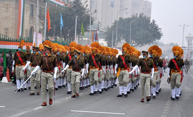 Police personnel marching during full dress rehearsal for Republic Day