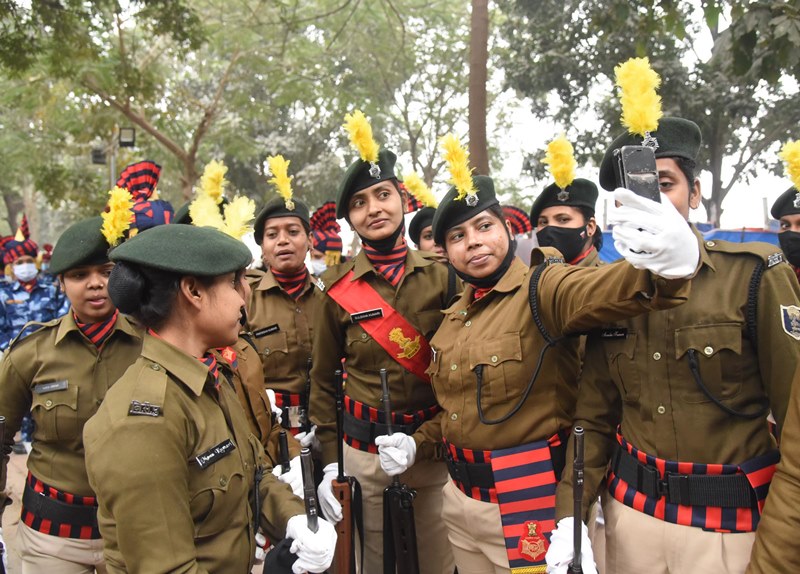 Police personnel marching during full dress rehearsal for Republic Day