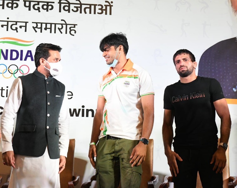 India’s Olympic Medalists receive hero’s welcome, felicitated by Anurag Thakur