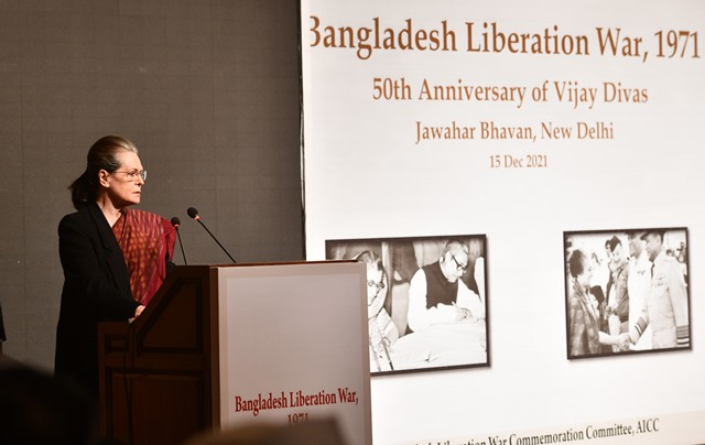 Sonia Gandhi addresses closing ceremony of an event to mark victory of Bangladesh Liberation War in Delhi