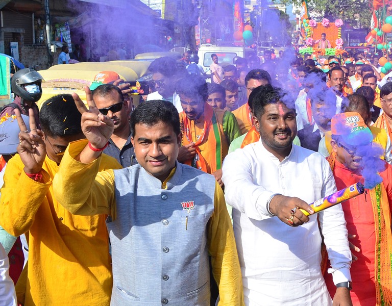 BJP supporters take victory rally after party's win in Tripura Municipal Elections in Agartala