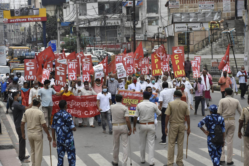 Left party activists protesting against fuel price hike in Patna