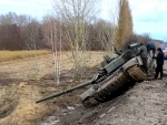 Wreckage army tanks seen at Chernihiv