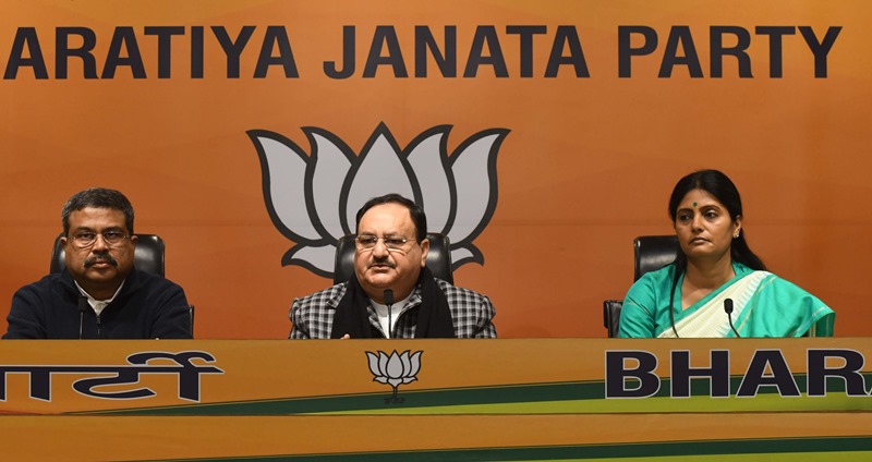 JP Nadda with Apna Dal leader Anupriya Patel at press conference in Delhi