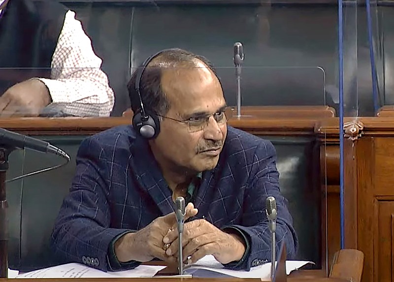 Congress leader Adhir Ranjan Chowdhury listens to addresses during Budget Session of Parliament