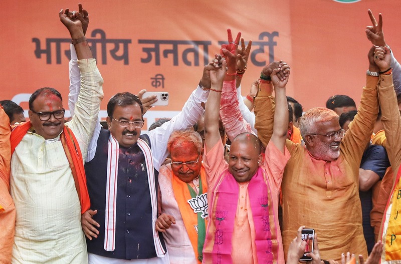 Yogi Adityanath celebrates party's victory in UP assembly polls in Lucknow