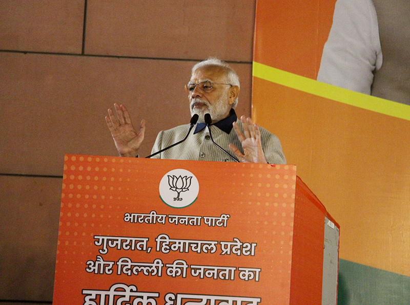 PM Modi addressing BJP workers after Gujarat landslide victory