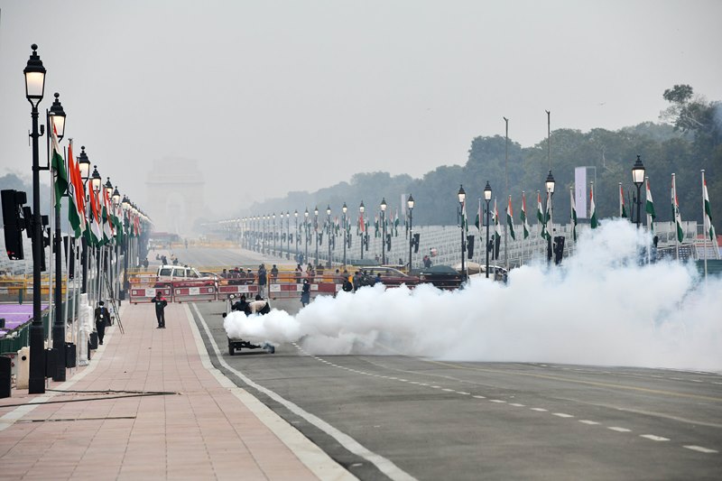Municipal workers fumigating Rajpath ahead of R-Day Parade