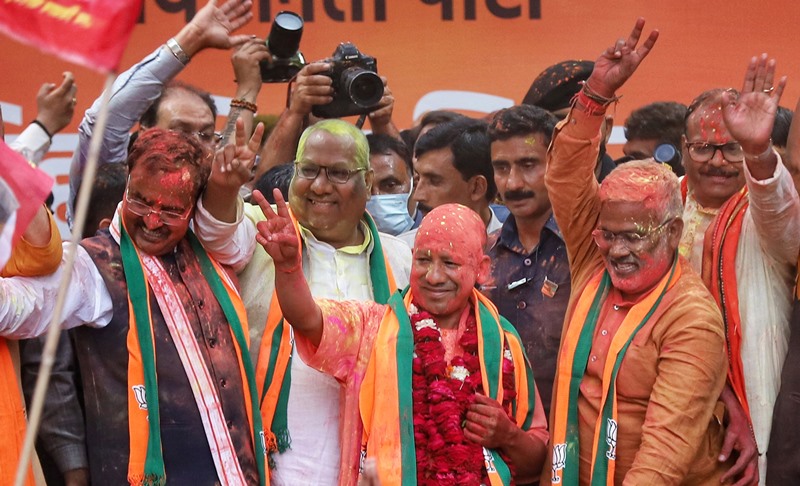 Yogi Adityanath celebrates party's victory in UP assembly polls in Lucknow