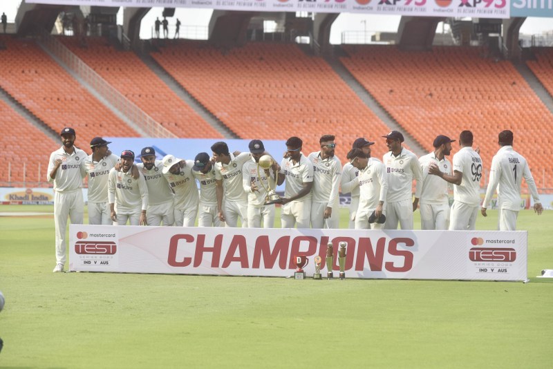 Indian team with trophy after test series win against Australia in Ahmedabad