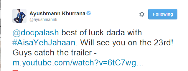 Ayushmann Khurrana wishes Palaash Sen on Twitter