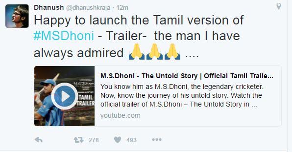 Tamil Superstar, Dhanush launches MS Dhoni trailer in Tamil