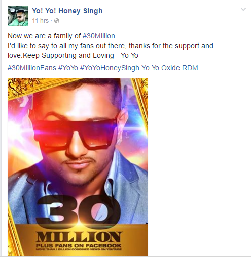 Yo Yo Honey Singh crosses 30M mark on Facebook