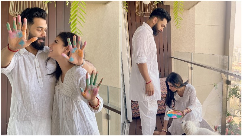 Mouni Roy touches her husband Suraj Nambiar's feet during Holi celebrations