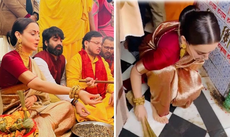 Actress Kangana Ranaut cleans Hanuman Grahi Temple in Ayodhya ahead of consecration ceremony of Ram Temple